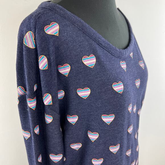 CHASER Blue Heart Print Scoop Neck Long Sleeve Pullover Women's Sweater Size M - Picture 5 of 8